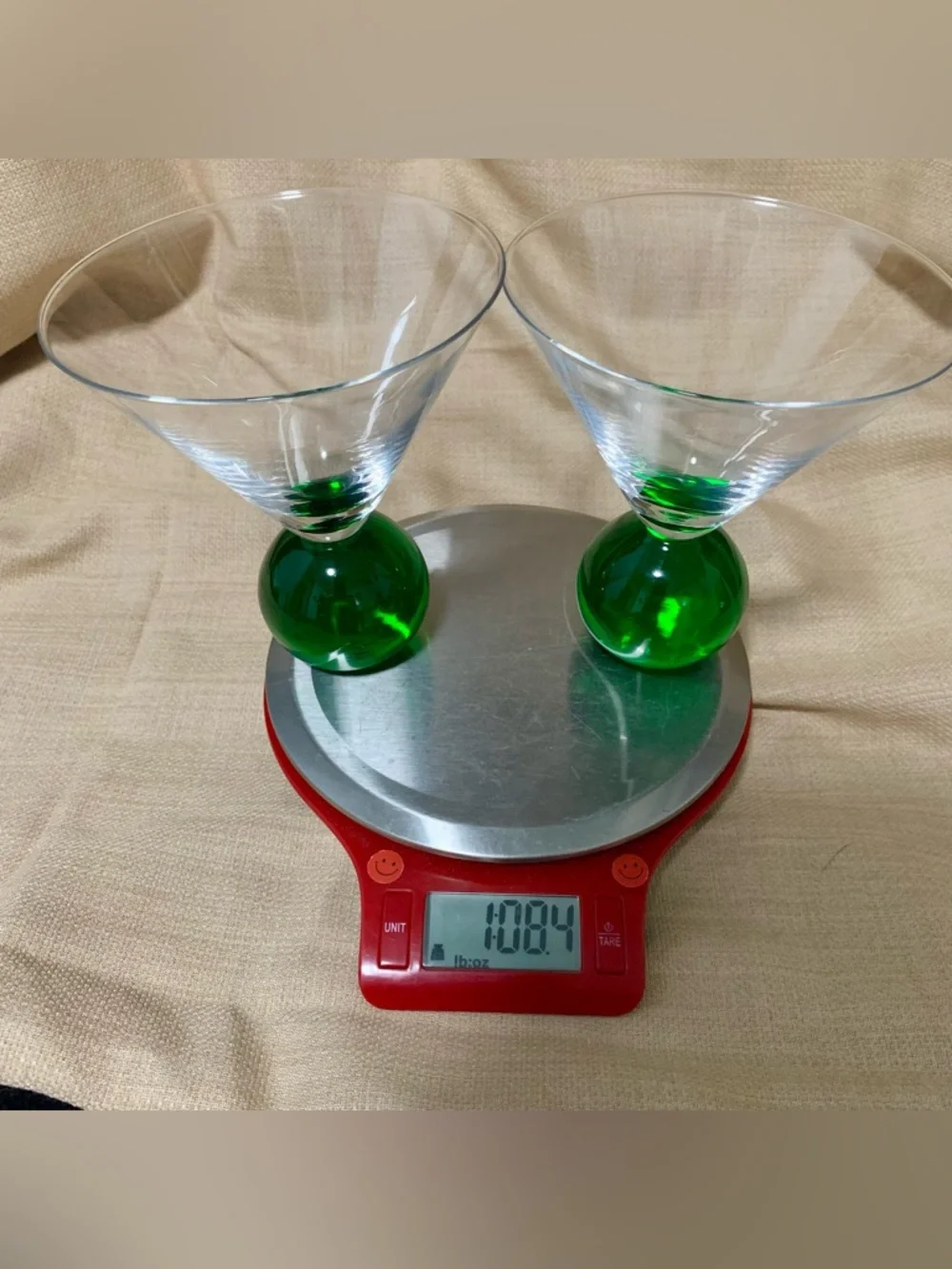 🔍Vintage Martini Glasses Green Ball Stem Cocktail Glasses (2) Mid-Century Style